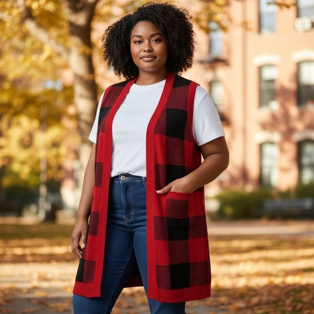 Red Black Buffalo Check Plaid Sweater‎ Vest Womens 18W Open Cozy Cabin Academia